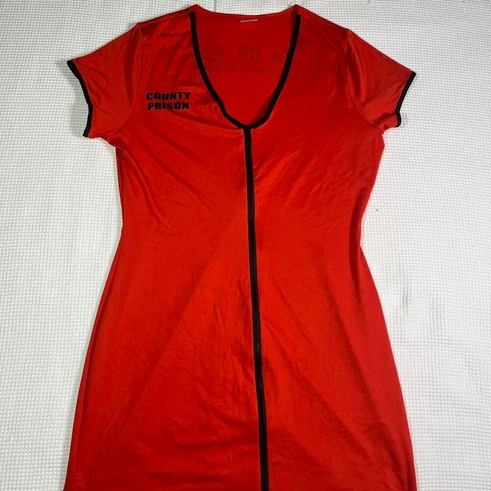Size Large Red county prison costume from spirit Halloween.